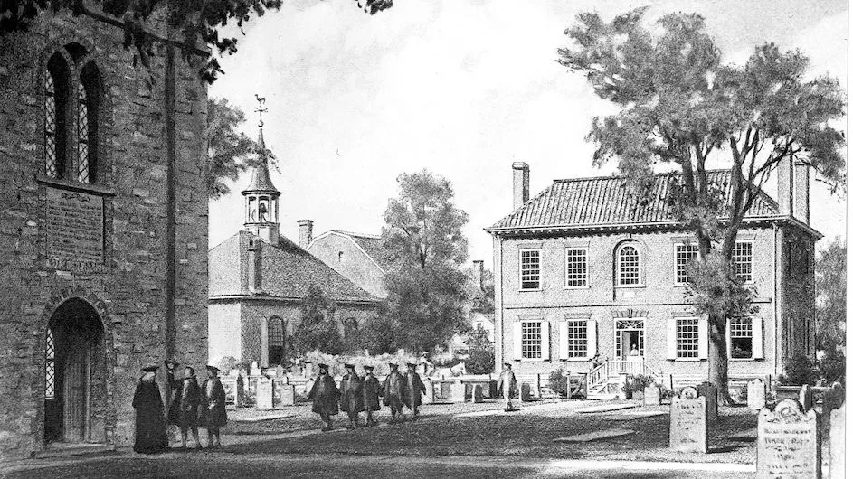 Columbia College’s first-ever class was held in a schoolhouse connected to Trinity Church in lower Manhattan in the 1700s.